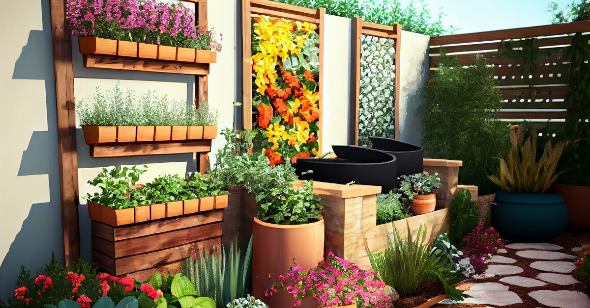 Patio garden with containers, a raised bed and a vertical garden