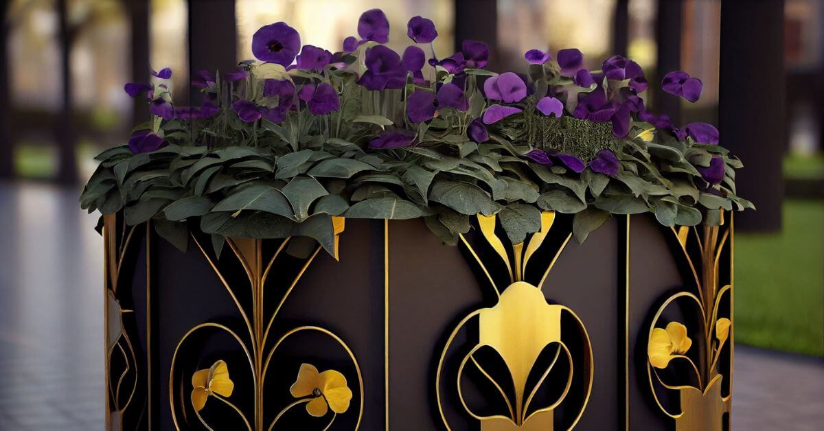 Decorative raised bed planter with purple pansies