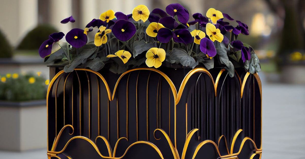 Planter filled with purple and yellow pansies