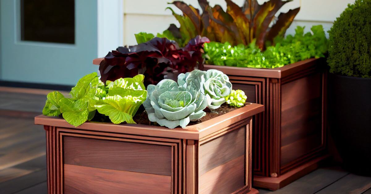 Wooden planters on patio